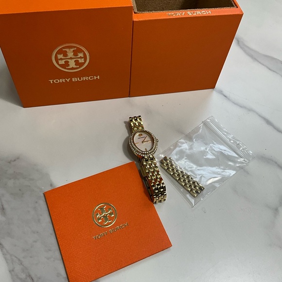 TORY BURCH Gold Link Mother Of PearlWatch with Orange Box Crystals Dressy - Picture 1 of 10
